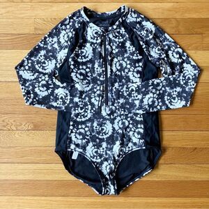 Athleta Girl Black White Floral Beach Long Sleeve One Piece Bathing Suit XXL 16